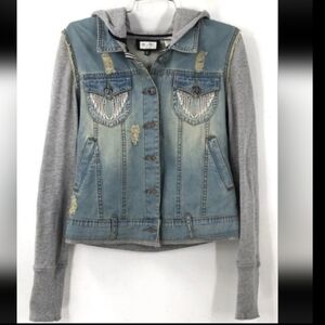 Miss Me Women's Blue Gray Hooded Denim Jacket